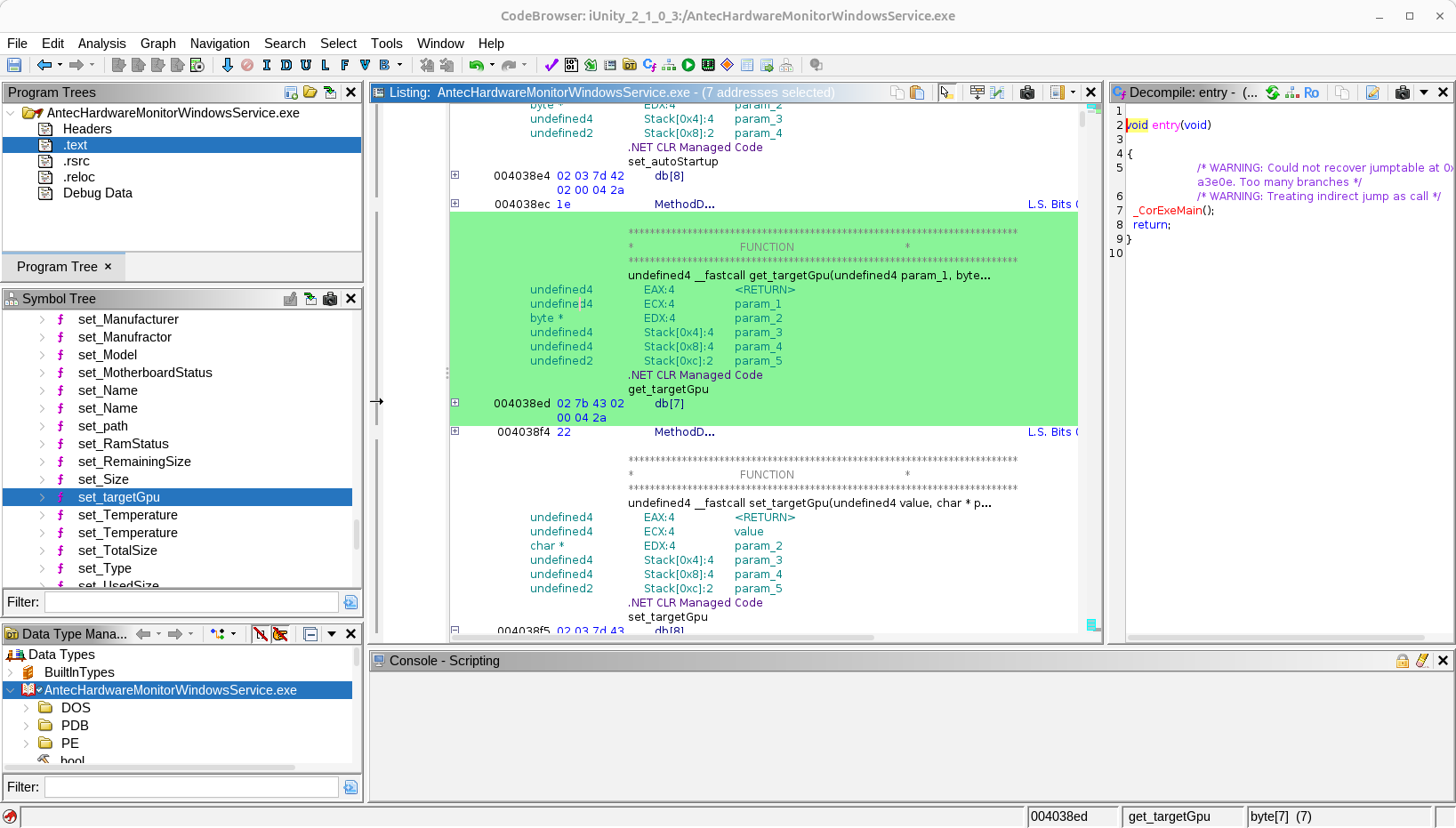 Ghidra project with AntecHardwareMonitorWindowsService decompiled